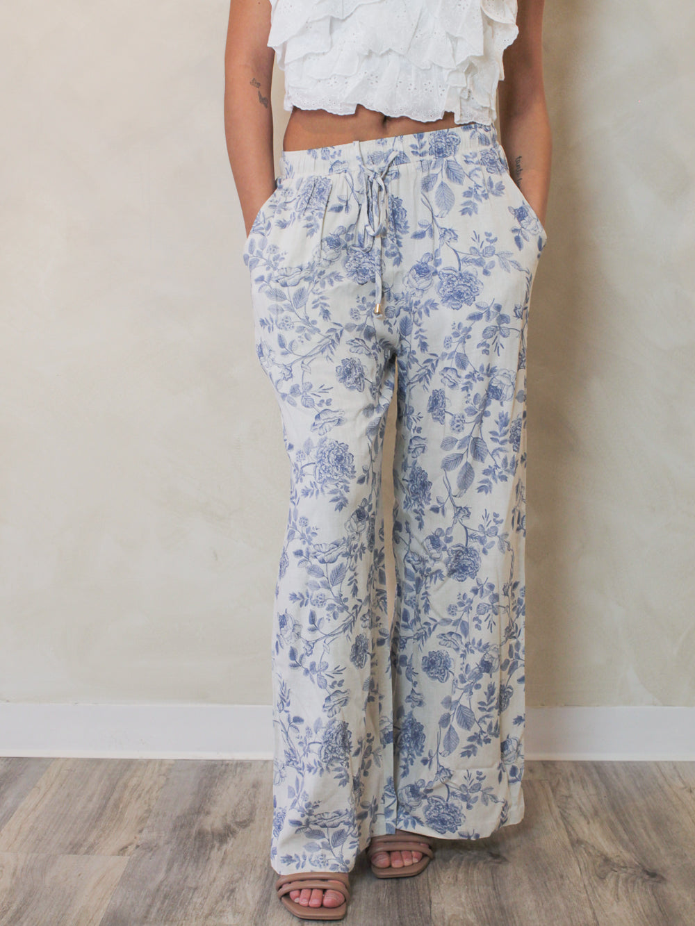 White Linen Pants with Blue Floral Print
