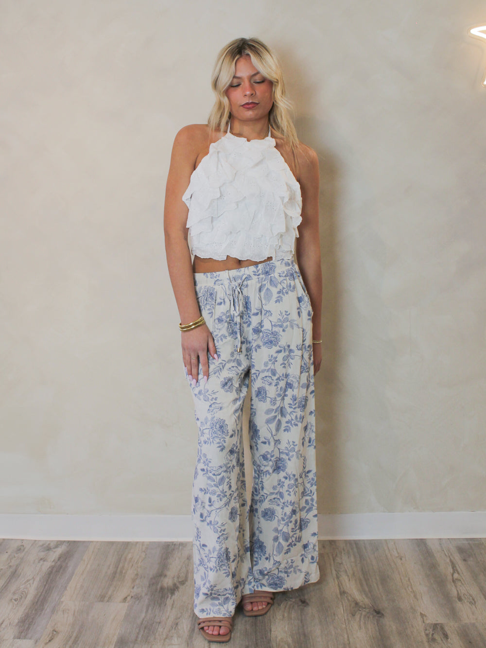 Blue Floral Linen Pants 
