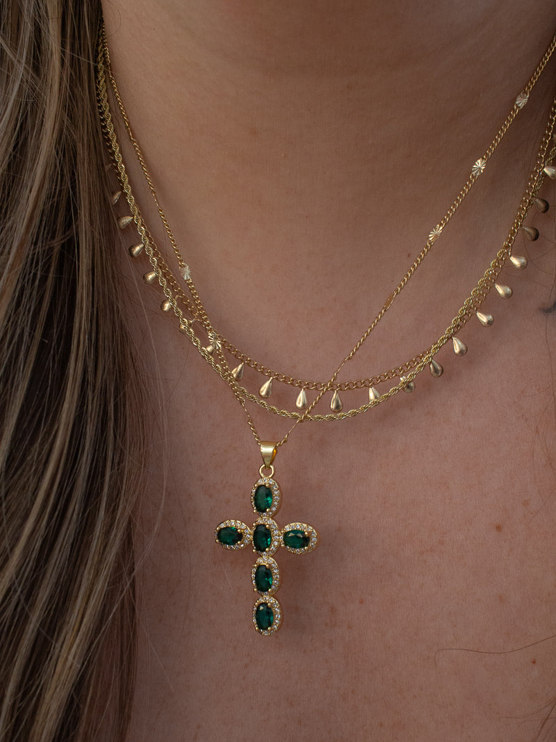 Gold Necklace Stack Inspiration | Emerald Green Cross