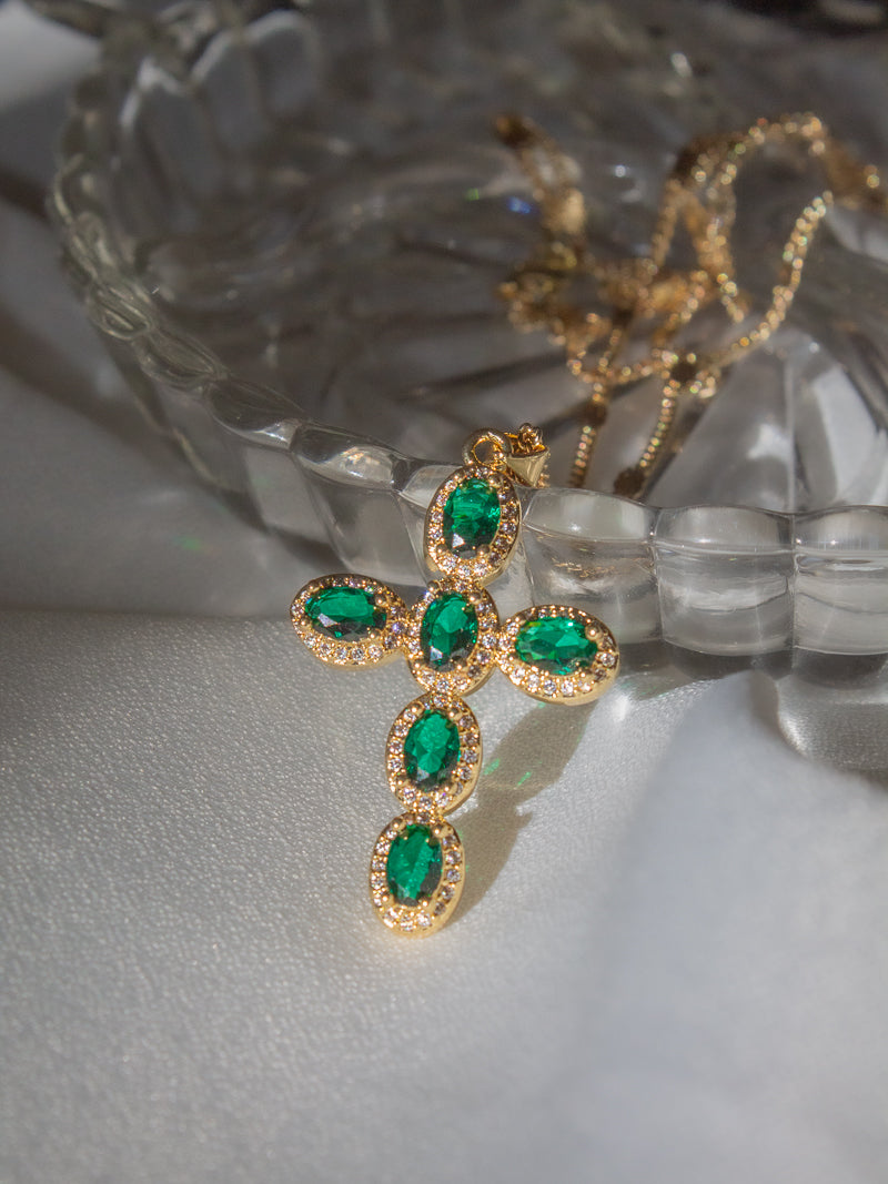 Emerald Green Cross Necklace for Women 