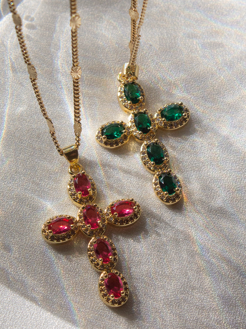 Fuchsia & Emerald Cross Necklaces 