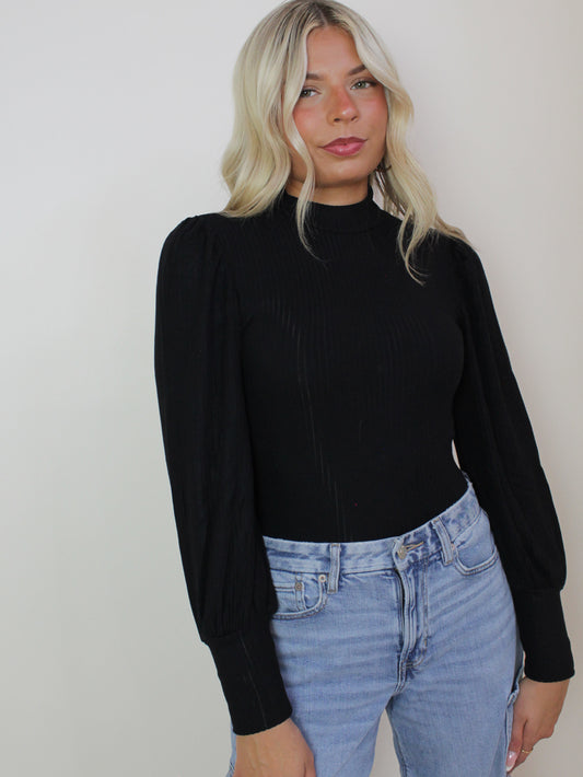 Black ribbed long sleeve top with mock neck