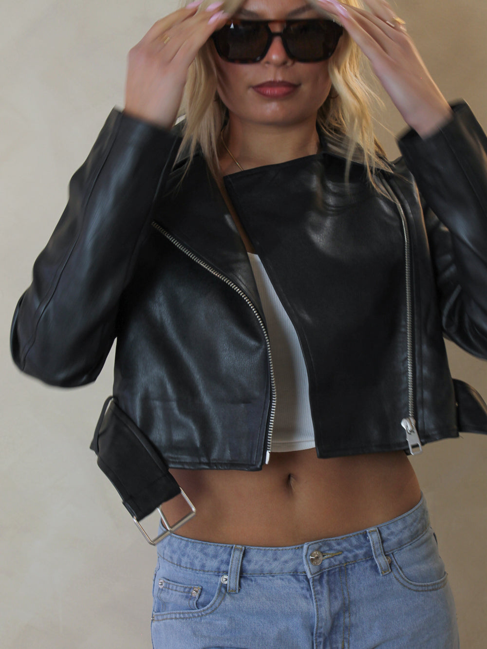 Cropped Faux Leather Biker Jacket 