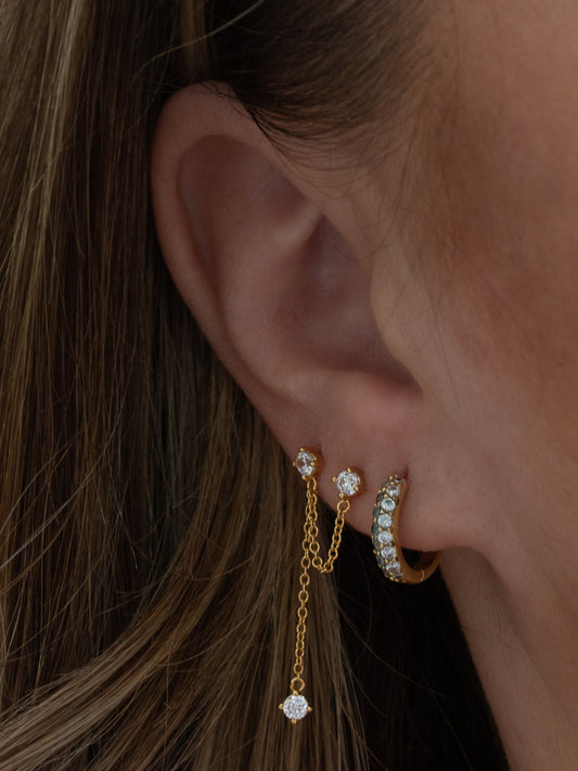 Double Pierced Stud Earring with draping Chain Detail