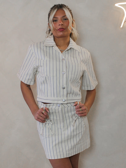 White & Blue Stripe Denim Skirt Set