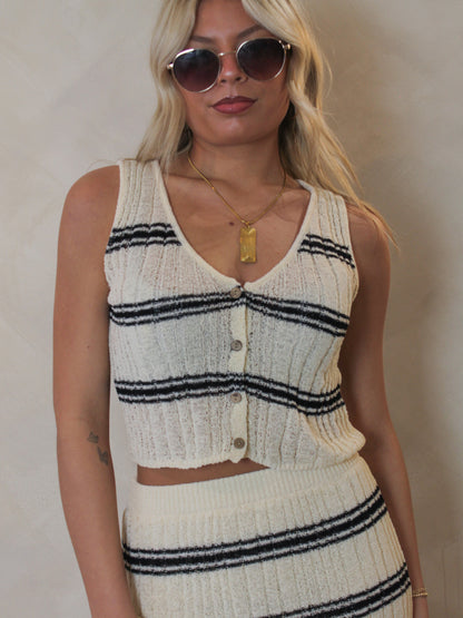 Cream and Black Knit Button Up Vest