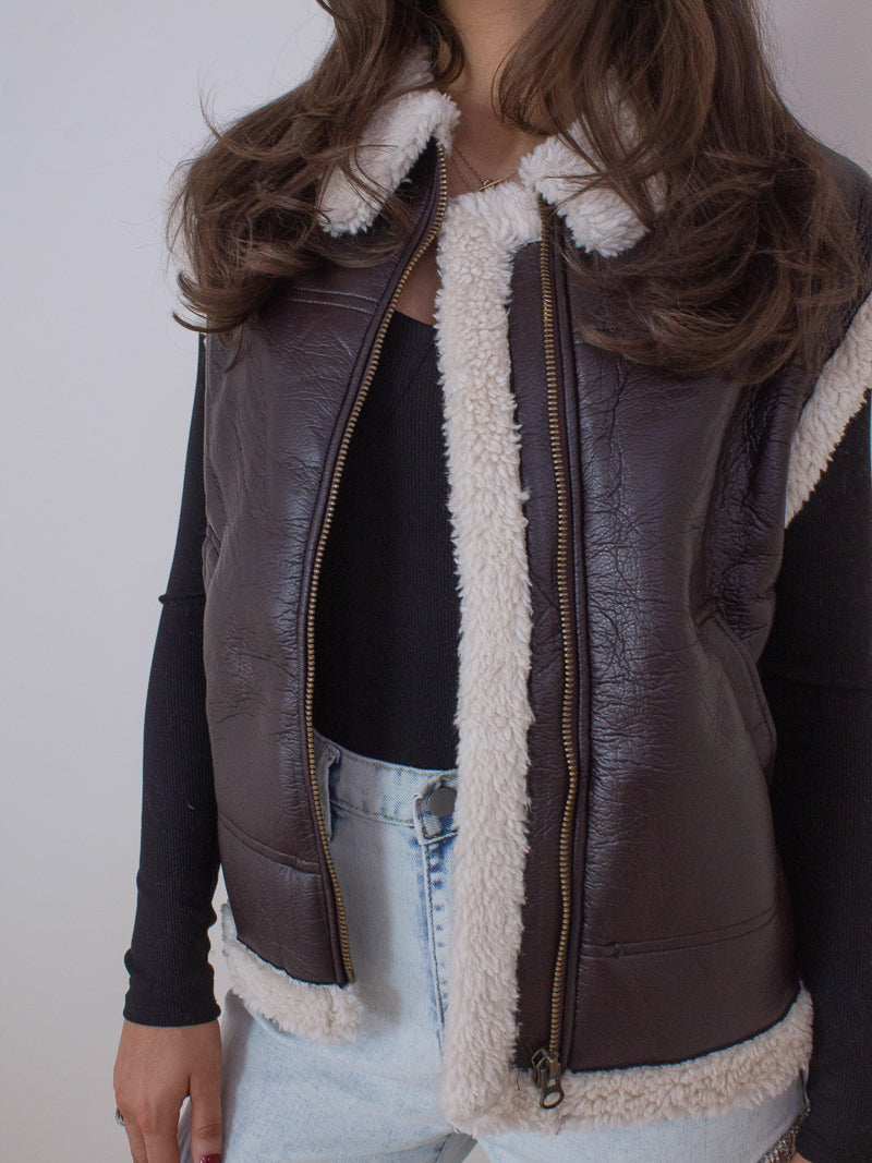 Brown Faux Leather Vest with Cream Shearling Fur