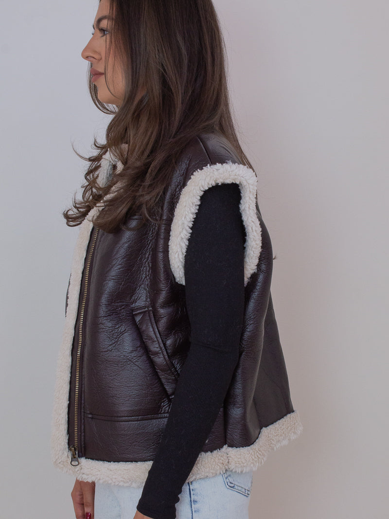 Brown Faux Leather Vest with Shearling Detail 