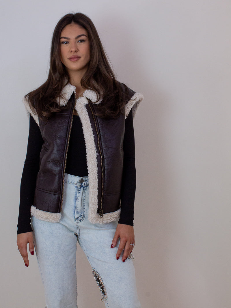 Brown Leather Vest with Shearling Detail 