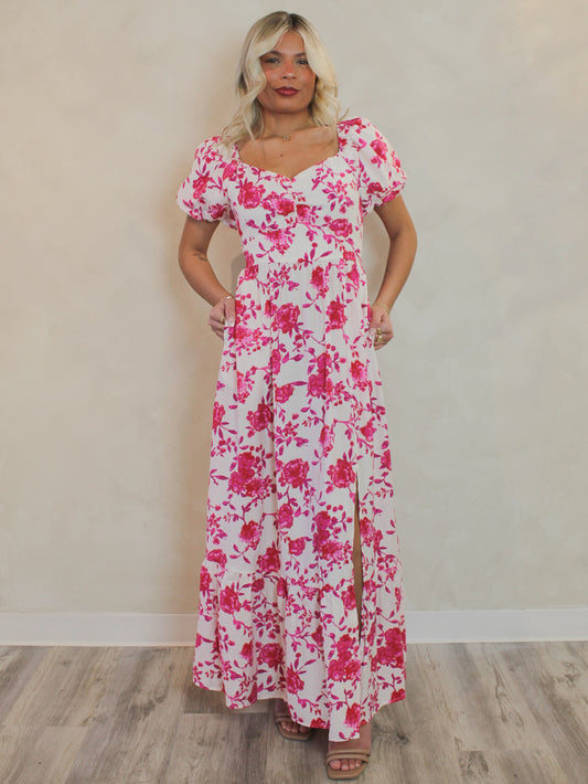 PINK FLORAL MAXI DRESS WITH SHORT SLEEVES