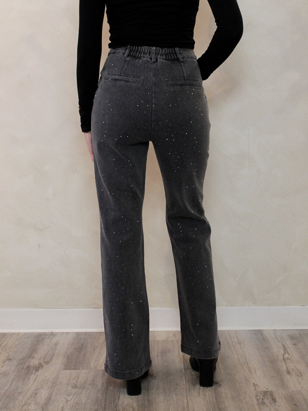 Grey flared denim pants with all over sparkle details
