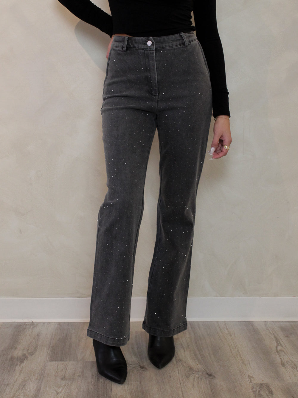 All over sparkle, wide leg denim jeans for women