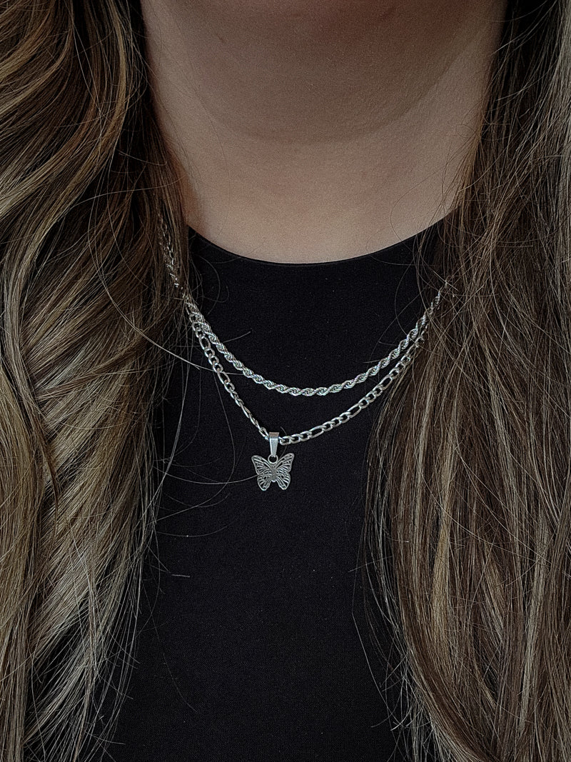 Silver Butterfly Necklace Stack 