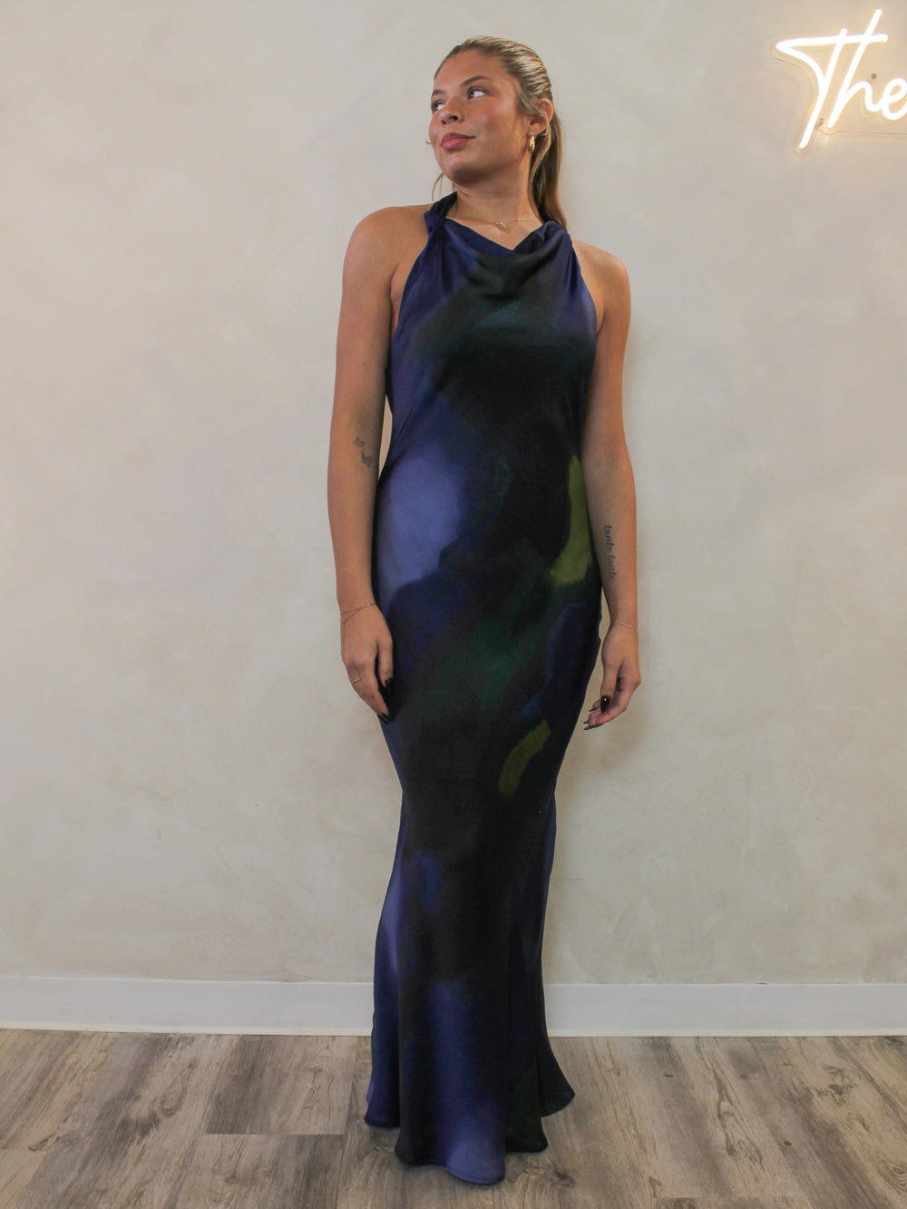 Special occasion navy cowl neck maxi dress.