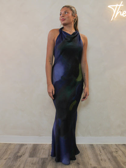 Special occasion navy cowl neck maxi dress.