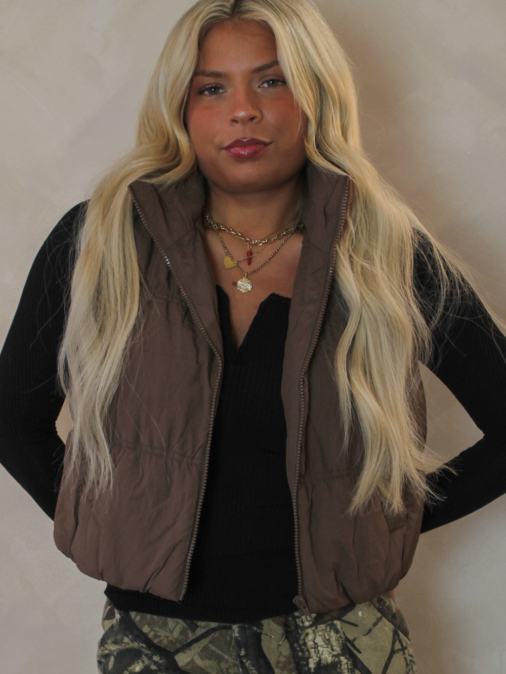 Brown puffer vest outfit for girls 