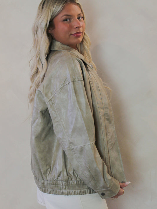 Tan., washed faux leather jacket 