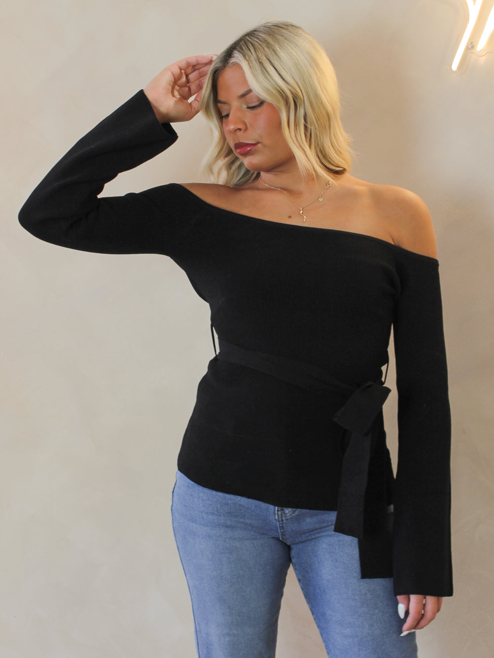 Black off the shoulder top with tie waist 