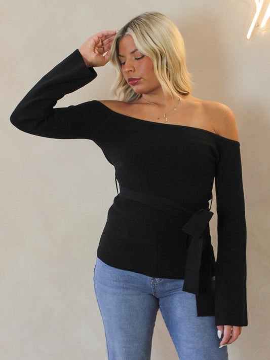 Black off the shoulder top with tie waist 
