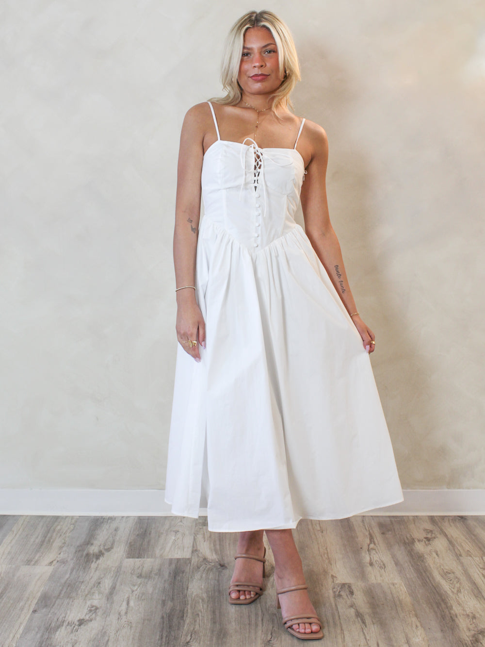 White Lace Up Dress with Fit and Flare Skirt 