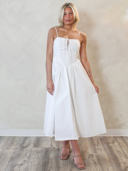 White Lace Up Dress with Fit and Flare Skirt 