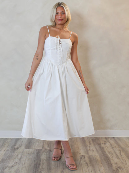 Feminine White Fit and Flare Midi Dress for Summer and Brides