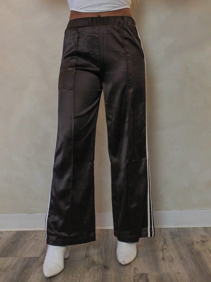 Brown Satin Track Pants with White Stripes