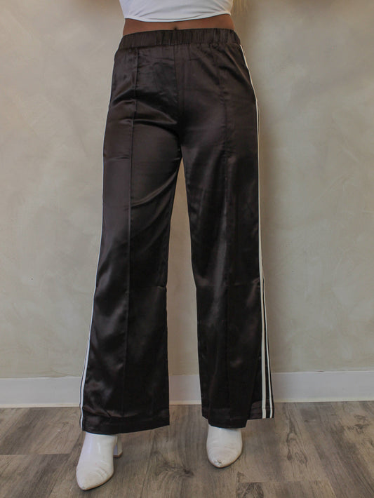 Brown Satin Track Pants with White Stripes
