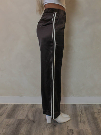 Brown Satin Track Pants with White Stripes