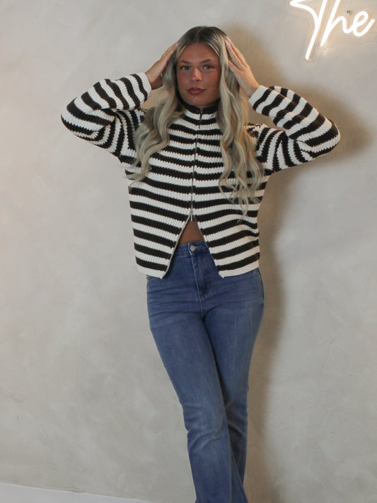 Brown and cream striped, knit, zip up cardigan.