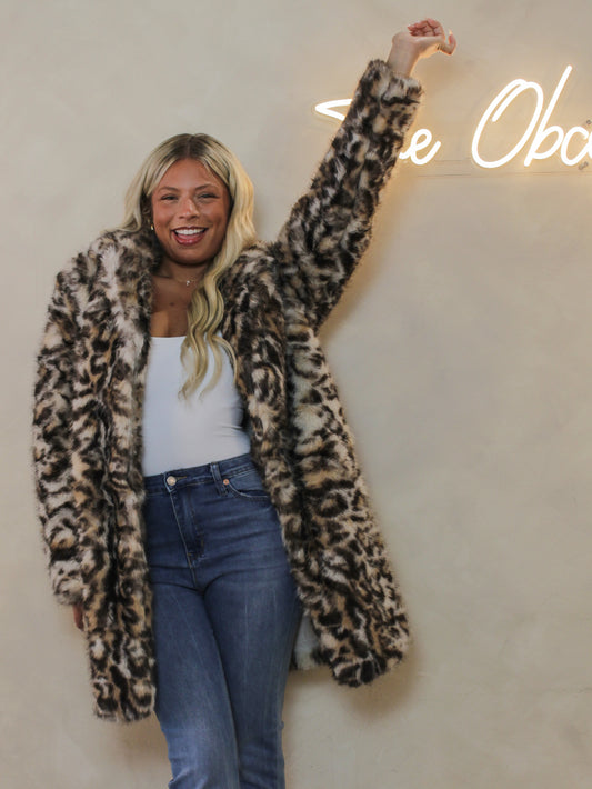 Leopard print faux fur coat.