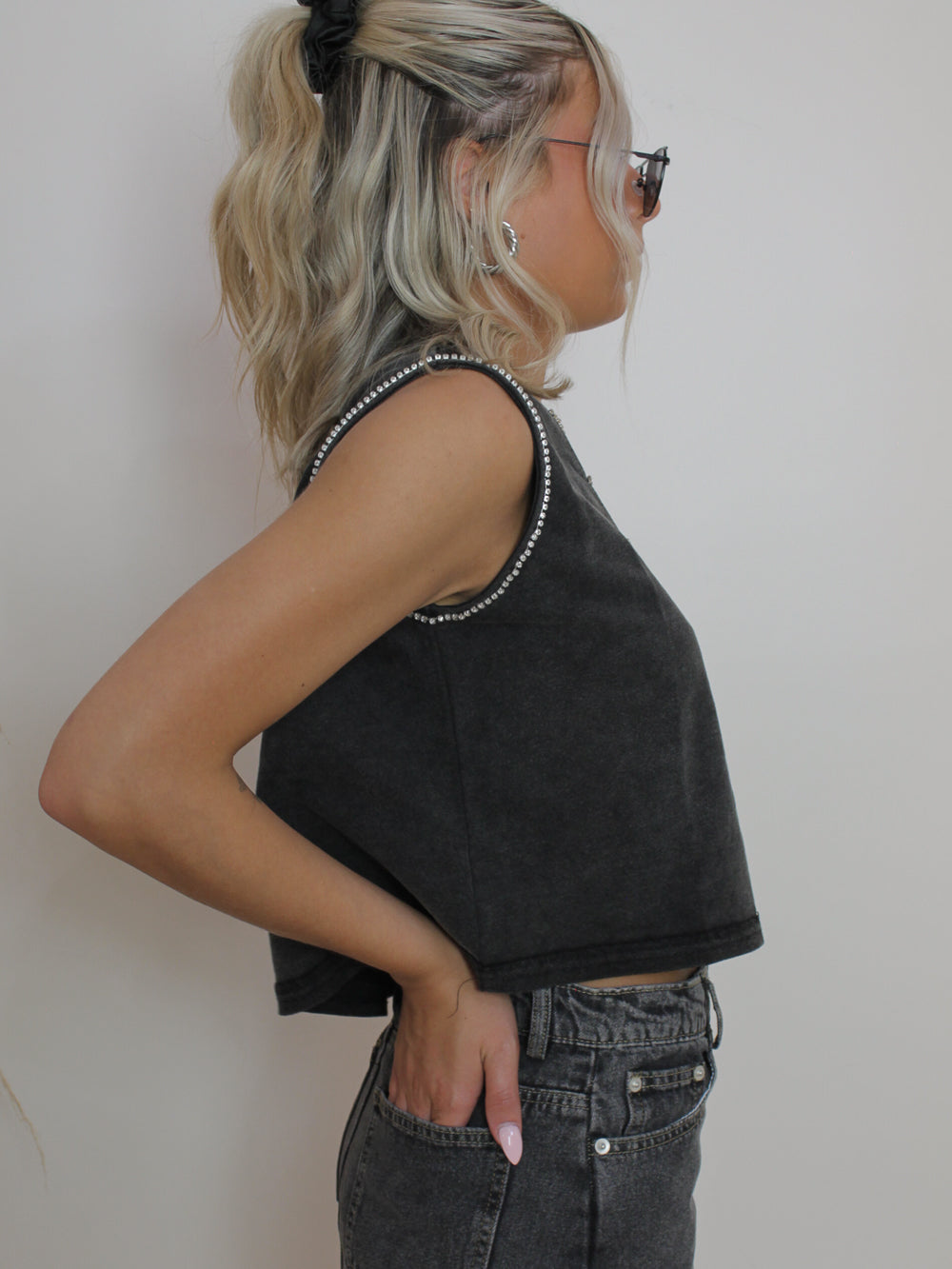 Black Muscle Tee with crystal accented hem 
