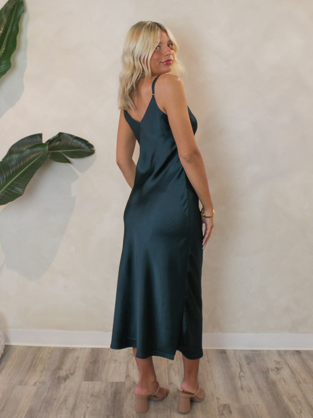 Emerald satin midi dress