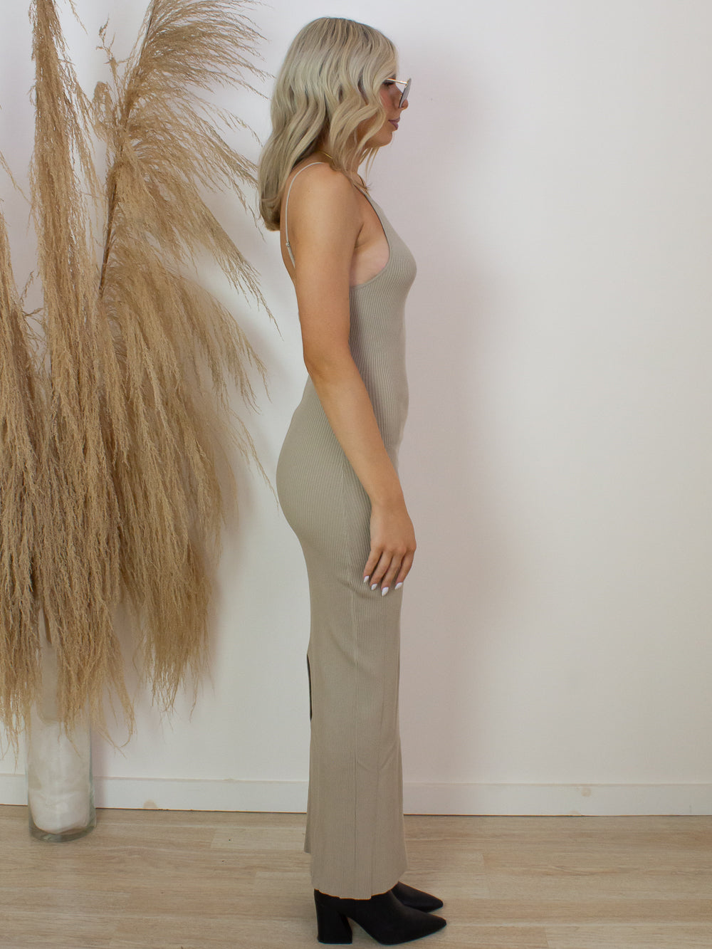Neutral ribbed, maxi dress for spring and summer 