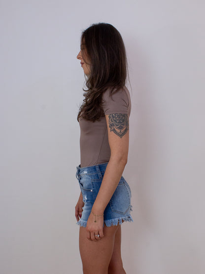 Short Sleeve Body Suit in Taupe