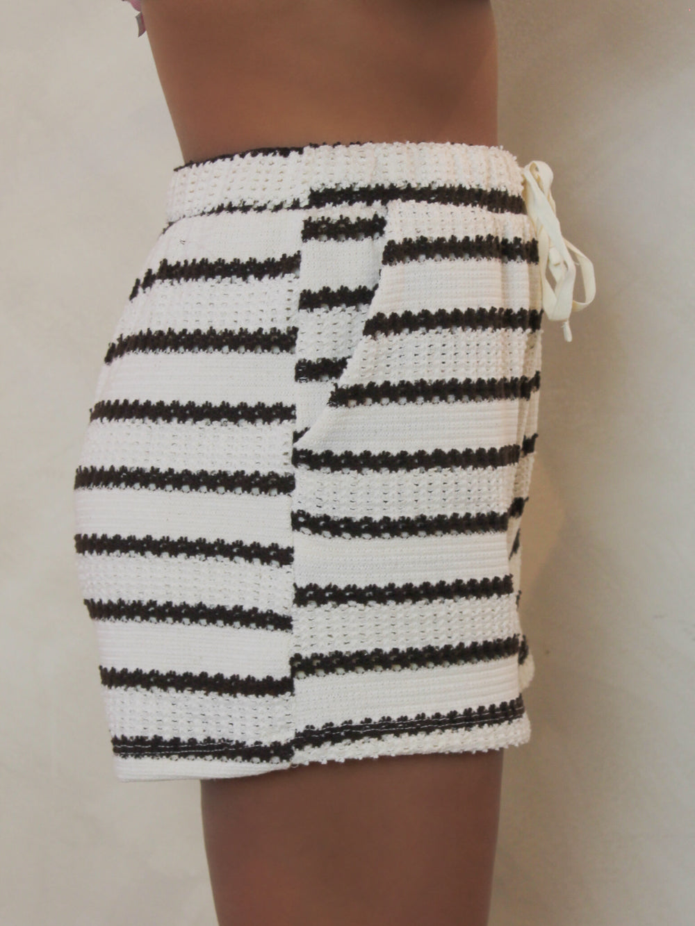 cream and brown stripe knit shorts for women from the side. 
