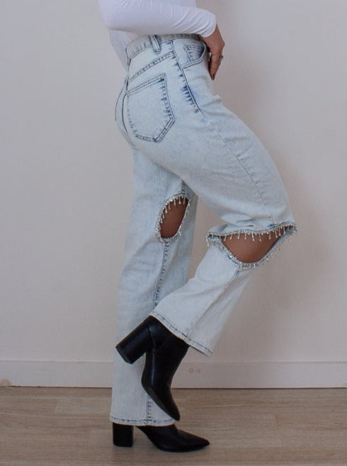 Girl Wearing Straight Leg Denim with Cut Outs and Fringe Sparkle