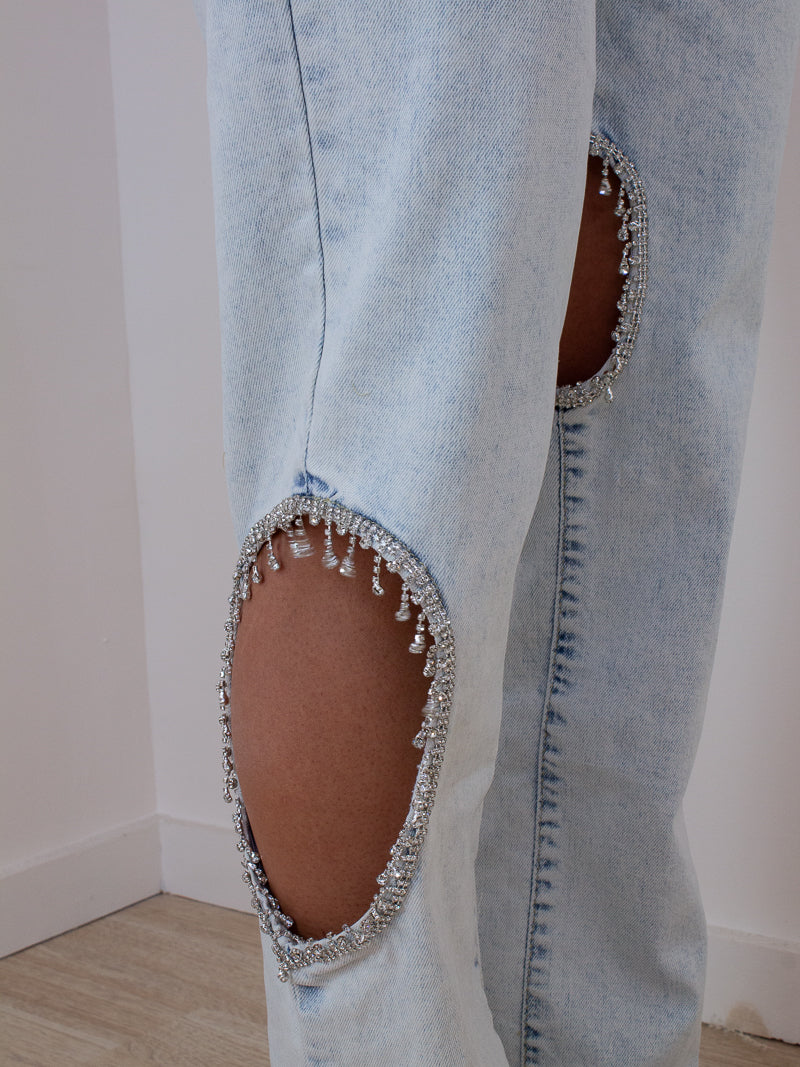 Girl Wearing Straight Leg Denim with Cut Outs and Fringe Sparkle Detail