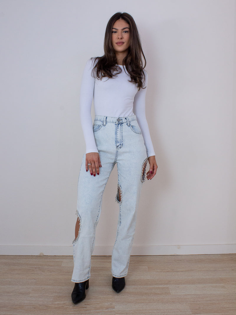 Girl Wearing Straight Leg Denim with Cut Outs and Fringe Sparkle