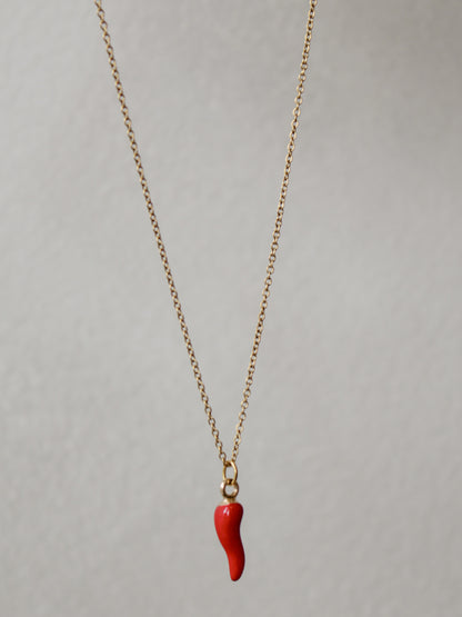 Red Italian Pepper charm necklace on a dainty gold chain 