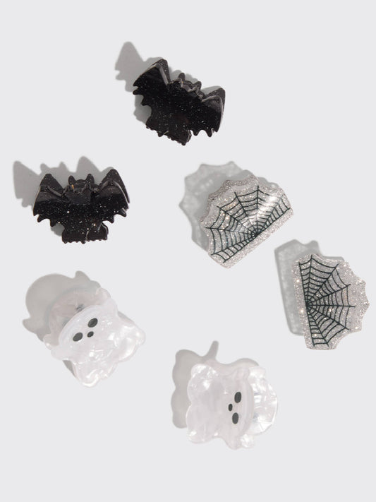 Set of mini Halloween claw clips featuring a bat, ghost and spider web design by Kitsch 
