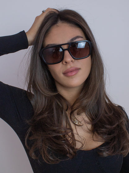 Black Frame Aviator Sunglasses with Brown Lens
