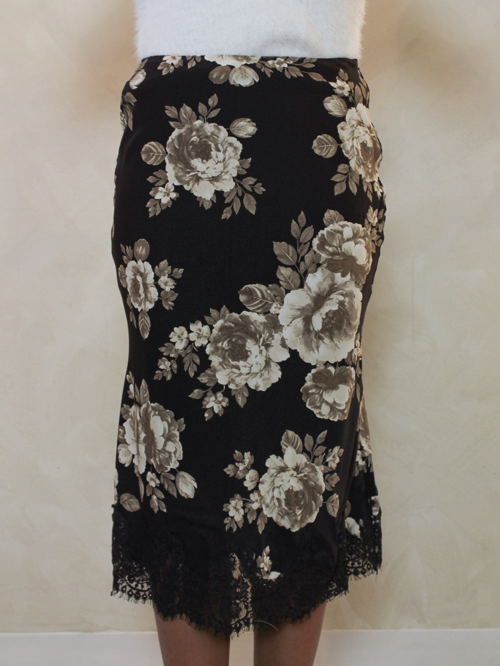 Chocolate brown satin midi skirt with a lace trim.