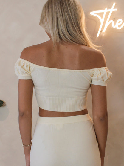 Buttery yellow off the shoulder crop top for summer vibes