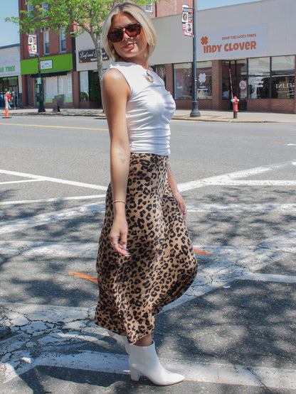 White Off The Shoulder Top with Leopard Skirt Outfit 
