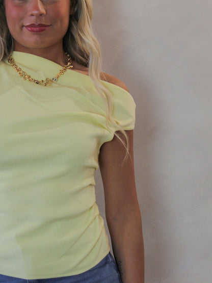 Light yellow off the shoulder top with ruching detail 