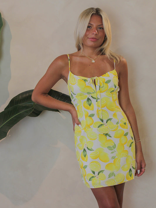 Linen lemon print mini dress