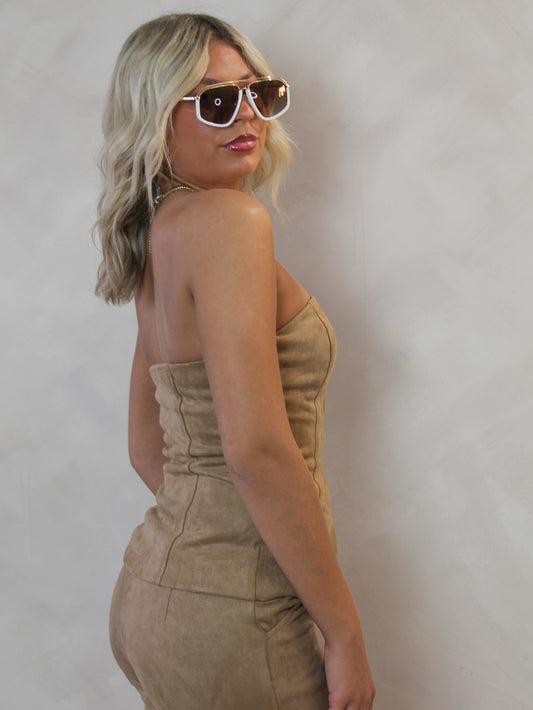 Strapless tan suede button up top 
