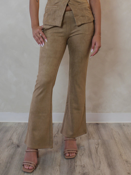 Tan flare suede pants for women
