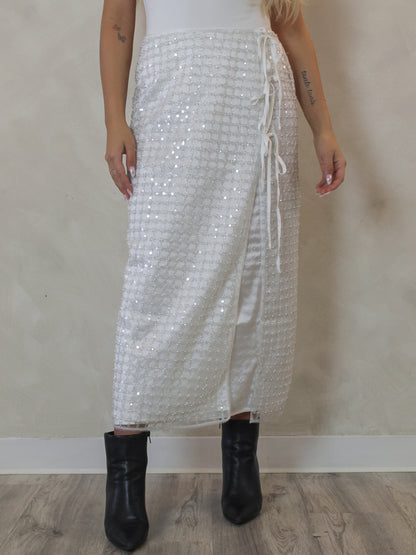 White sequin and pearl midi skirt perfect for holiday parties